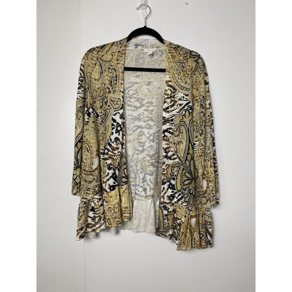 Chico's Cardigan Size 3 Brown Paisley Open Ruffle  Sleeves 3/4 L Multicolor